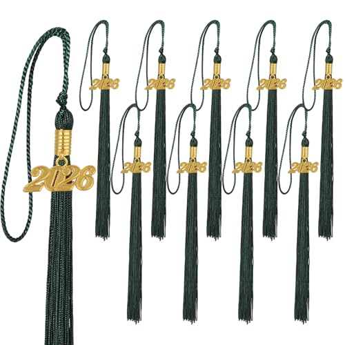 Image of 10 Pieces 2026 Graduation Tassels Bulk with Gold Year Charms for Graduation Cap Accessories (Forest Green)