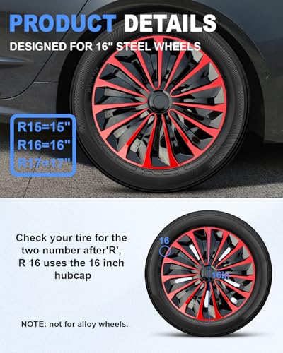 Image of ABX Hubcaps,16 inch hubcaps Set of 4, Wheel Rim Cover ABS Material, Snap On Car Truck SUV Replacement, for Toyota Camry Nissan Mazda etc, Black&Red