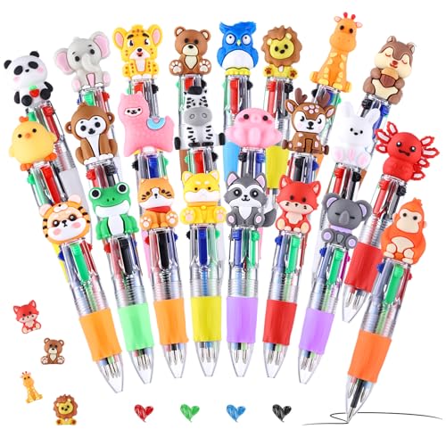 Yoosso 24 mini canetas multicoloridas tudo em um, 4 em 1, lindas canetas, enchimentos de sacos de festa, bonita caneta de animais para crianças, presentes para estudantes, saco de presente de São