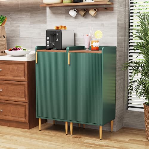 Image of ARTPOWER Mini Bar Cabinet for Apartment, Fluted Wine Bar Cart with Wine Racks & Wine Glass Holder, Modern Corner Liquor Cabinet for Living Room, Dining Room, Kitchen(Green)-2PCS