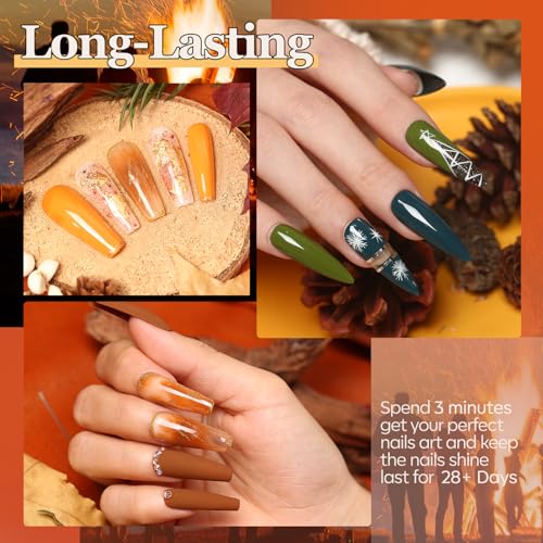 Image of modelones 24PCS Fall Gel Nail Polish Kit, Red Brown Green Yellow Orange Gel Polish Set Soak Off Nail Polish Kit with Glitter, Glossy and Matte Top Base Coat DIY Manicure at Home