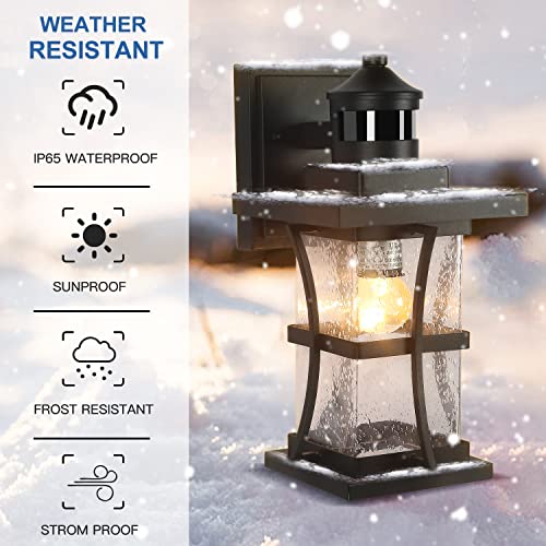 Motion Sensor Outdoor Wall Lights 2 Pack With 2 Dimmable Bulbs, Dusk To Dawn Porch Sconce With Photocell, Waterproof Exterior Wall Lanterns With Seeded Glass Outside Lamp For House, Garage, Black #TOP6