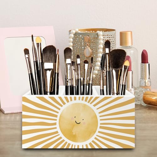 Image of Boho Yellow Sunshine Pen Pencil Holder Organizer for Desk, Cute Smile Groovy Sun Sunshine Wooden Box Signs Decorations for Kids Room Home Classroom Desk Tabletop