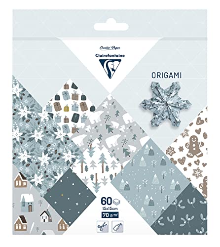 Clairefontaine 95374C - 60 Feuilles de Papier Origami 70g/m², Format 15x15cm, 30 Motifs Colorés Assortis (2 Feuilles par Motif), Loisirs Créatifs Adultes et Enfants, Collection Noël Polaire
