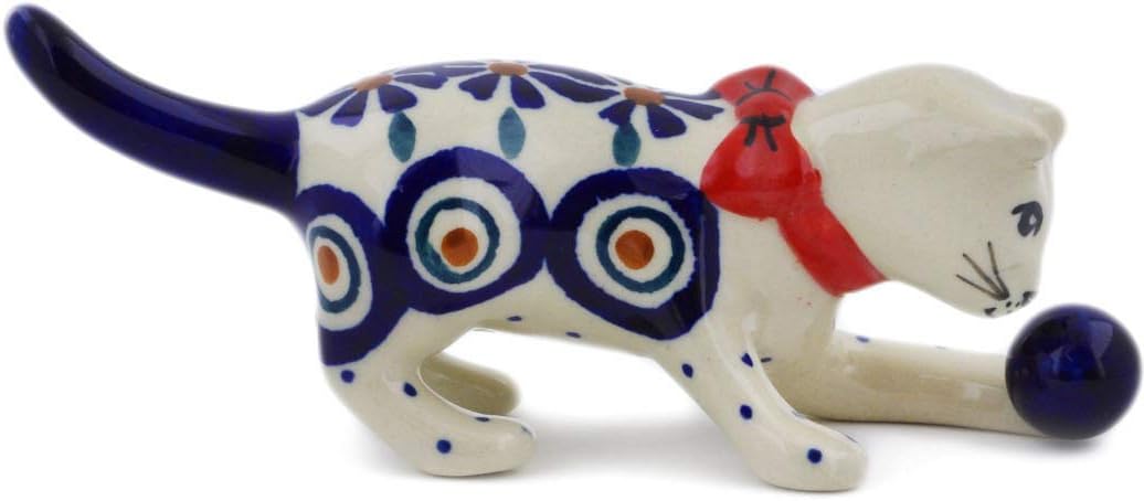 Polmedia Polish Pottery Cat Figurine - Peacock Pattern Handmade in Boleslawiec Poland + Certificate of Authenticity