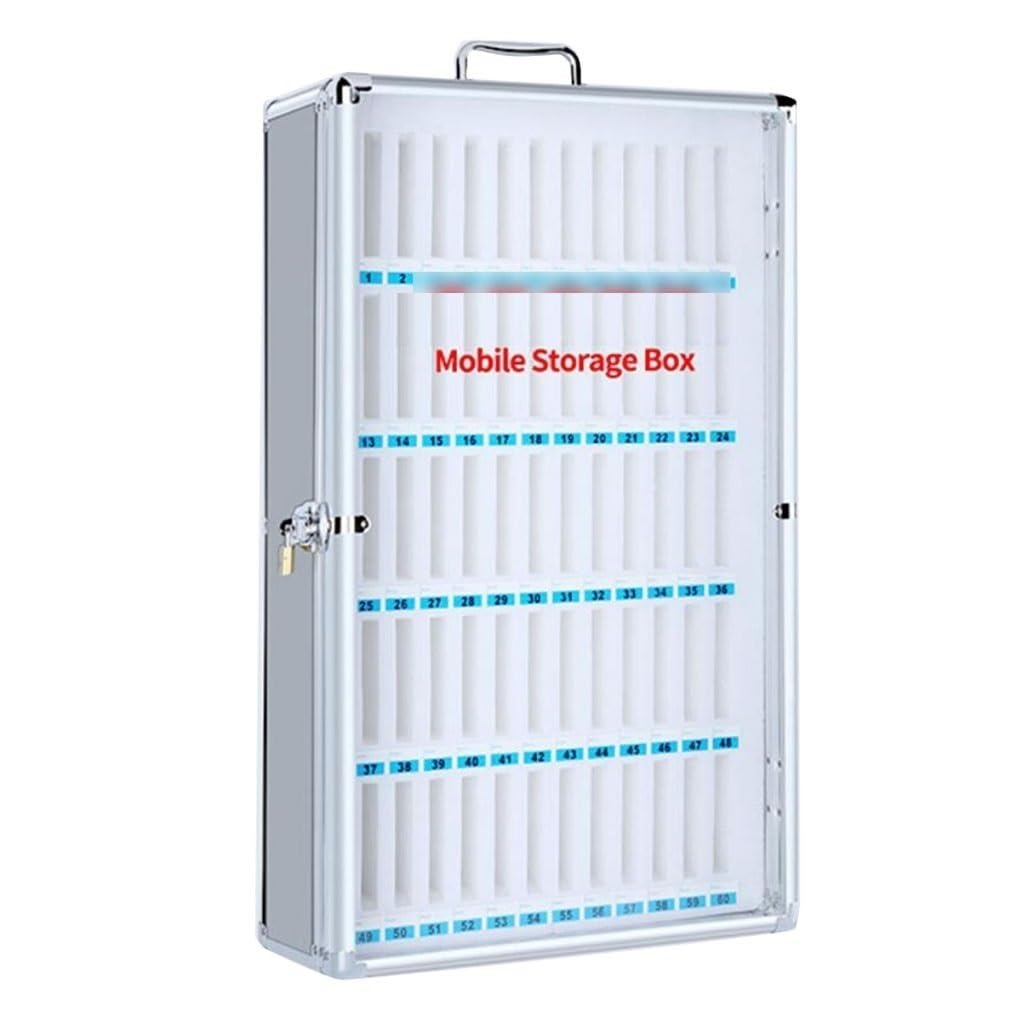 Caja de Almacenamiento de teléfono móvil de aleación de Aluminio de Montaje en Pared con 60 Ranuras, Organizador con Cerradura, asa y Llave para Uso Escolar, Aula, Oficina y exámenes.