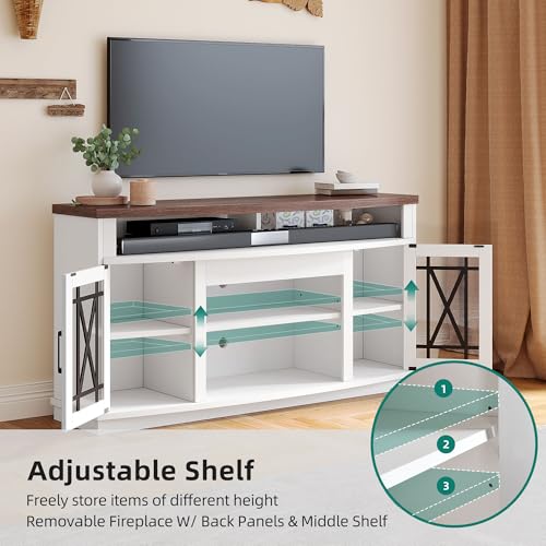 DWVO LED Farmhouse Television Stand for Living Room, 32'' Tall Entertainment Center for 65/55 Inch TV, Media Console TV Table with Storage Cabinet, Adjustable Shelves and Glass Doors, White & Brown
