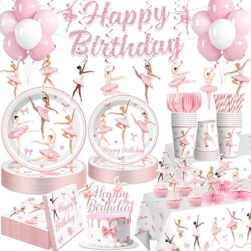 Yingoto Ballerina Birthday Party Decorations for 25 Guests 205PCS All-in-One Pink Ballet Party Supplies with Banner Balloons Plates Napkins and Tablecloth Dance Birthday Party Decor for Girls
