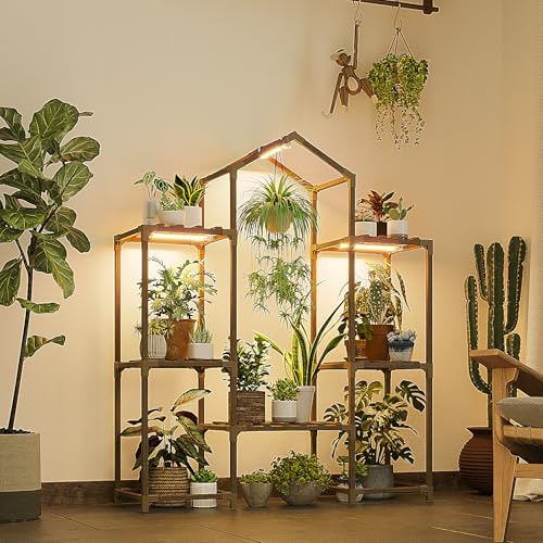 Image of Bamworld Plant Stand Indoor with Grow Lights Wood Plant Shelf for Hanging Planter Pots Display Flower Stand for Living Room Patio Garden Decor