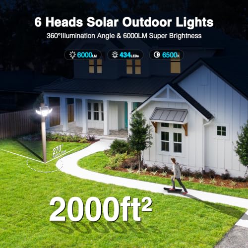 SZPOWER 6000LM Solar Lights Outdoor, 6 Heads Solar Flood Lights with 2 Motion Sensors & Remote Control, IP65 Waterproof, LED Security Lights for Yard, Patio, House, 2 Pack - image 2
