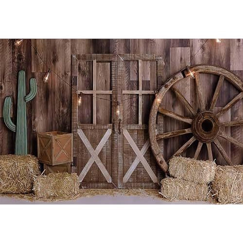MIRRORANG 2,5x1,8m Western Cowboy Backdrop Wooden Barn Door Farmhouse Wheels Haystack Hay Bales Wagon Wheel Cactus Retro Photography Background for Cowboy Newborn Baby Shower Party Vinyl