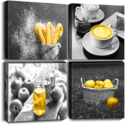 Oreichar Art Food Wall Art Black and White Coffee Bread Canvas Print Painting Yellow Picture for Cafe Dining Room Restaurant Kitchen Decoration (12