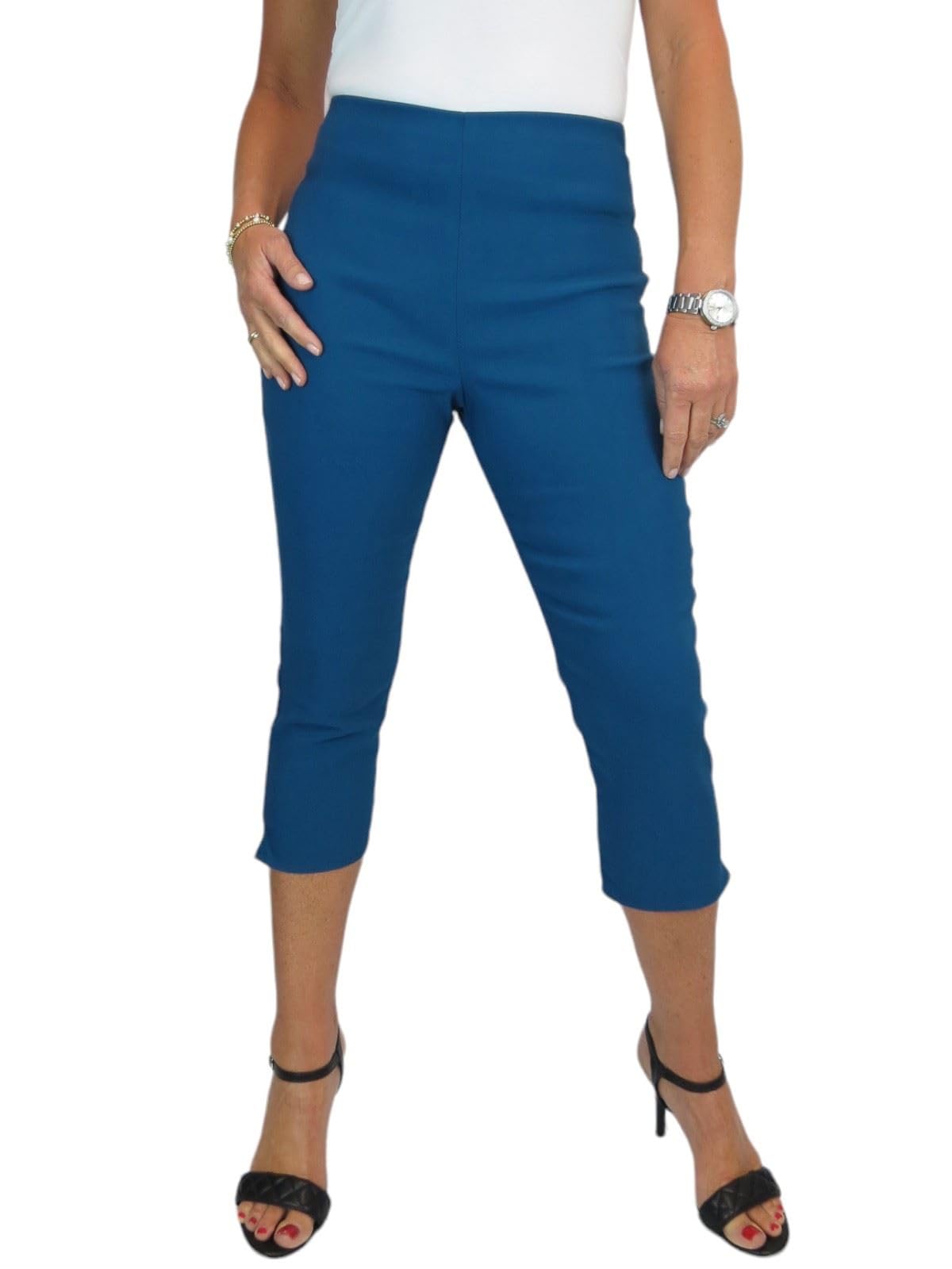 Paulo Due Women's Dark Teal Pull On Cropped Trousers Summer Stretch Bengaline Elasticated Waist Summer Capri Teal 8-20 (20)