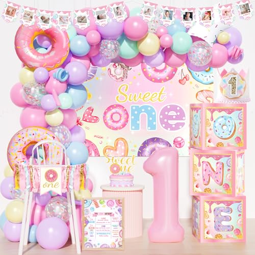 Party Inspo Sweet One Birthday Party Decoration Girls - 155 PCs First Birthday Donut Themed Party Supplies with Color Balloon Garland Arch Kit, Number 1 Foil Balloon, Sweet One Backdrop
