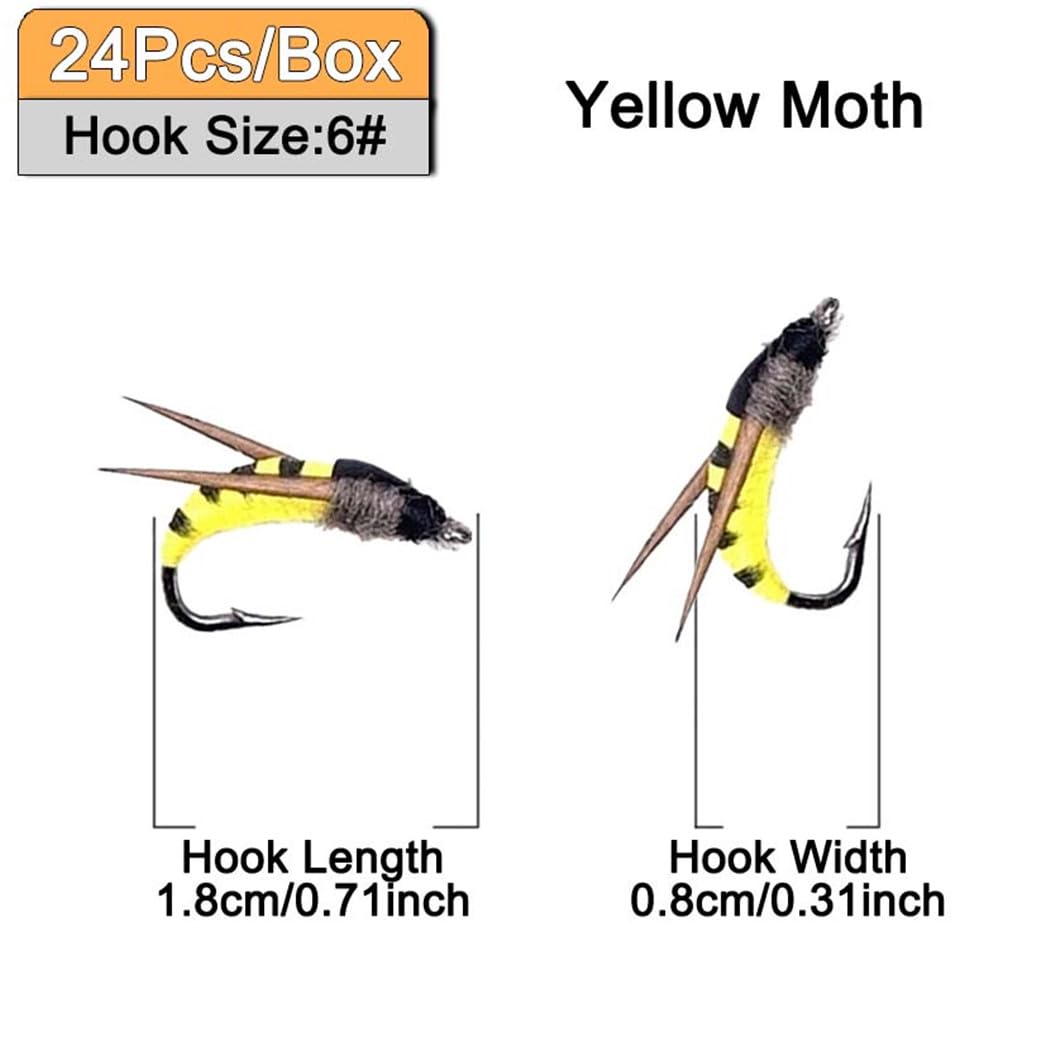 Qievcrme 24Pcs Fly Fishing Flies Trout Lures Fishing Tackle Fly Fishing Flies with Boxed Trout Bass Artificial Fish Bait (24Pcs-Yellow Moth)