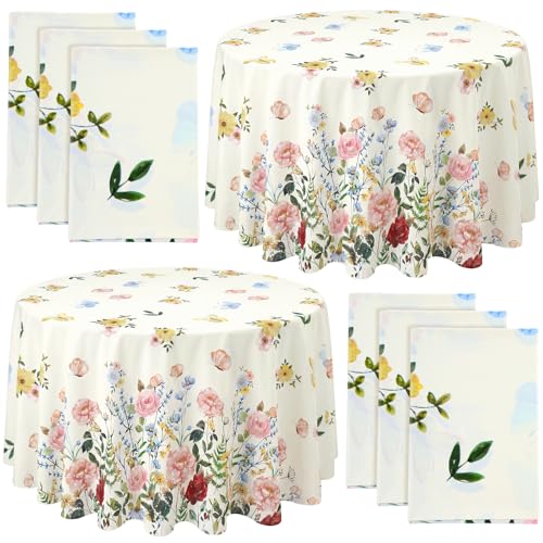 Image of Ganeen 6 Pcs Retro Wildflower Plastic Tablecloth 84 Inch Spring Round Tablecloths Floral Theme Birthday Decor Disposable Plastic Round Waterproof Table Cover for Holiday Wedding Decoration Party Favor
