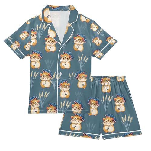 senya The Usa Cute Hamster Satin Summer Pajama Sets Silk Short Sleeve Button Down Sleepwear