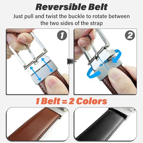 Men’s Leather Belt, Adjustable Reversible Belt with Rotating Buckle for Jeans Pants, One Reverse for 2 Colors4