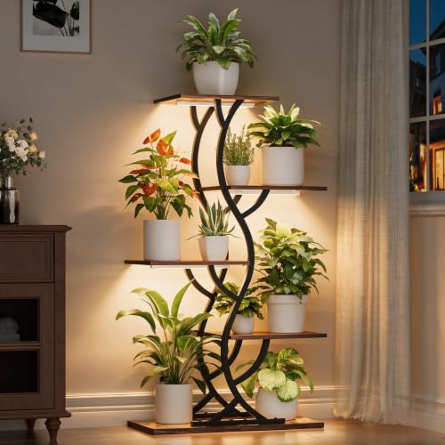 Image of Plant Stand Indoor with Grow Lights - 5 Tiered Corner Plant Shelves (Brown) | 44 inch Tall Metal Plant Shelf, S-Shape Lighted Flower Holder Dispaly Rack for Living Room, Home, Patio, Balcony