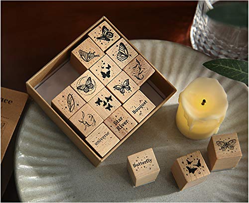 Fciqven 16 Pcs Vintage Wooden Rubber Stamp Set, Butterfly Decorative Stamp Wood Rubber Stamp for DIY Craft, Scrapbooking, Card Making, Gift Wrapping, Journals