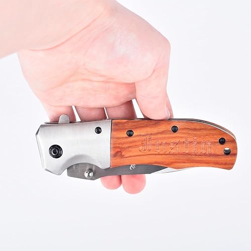 Miniatura 3 de Cuchillo de bolsillo personalizado, cuchillos de caza con mango de madera grabado, regalos para hombres, papá, marido, hermano