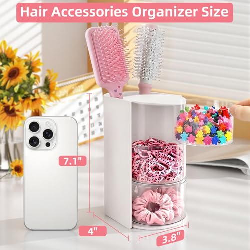 Image of neotidy Hair Accessories Organizer with Hair Brush Holder, Rotating Hair Tie Product Organizer for Girls, 3-Tier Makeup Brush Holder for Clips, Bows & Brushes (White, 3-Tier)