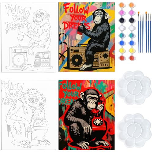 WEBEEDY 2 Pack Pre Drawn Canvas for Painting Animal Pre Printed Canvas Bulk Sip and Paint Kit Stretched Panels Paint Set for Home Wall Art Decoration (Graffiti Animal, 20x25cm)