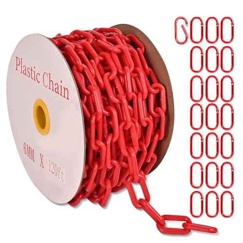 Ahniiqo 120 Feet Plastic Barrier Chain red 1.5-Inch Link Diameter Safety Barrier ChainLarge Plastic Chain6MM Plastic Barrier ChainPlastic Chain Links