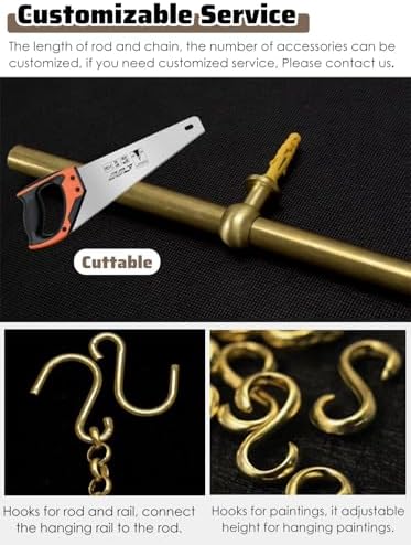 Brass Picture Rail Hanging System with Adjustable Chain & Hooks, Heavy Duty Mirror Display Kit for Drywall & Cement Walls, 75 Inch (191cm) Wire for Art & Decor