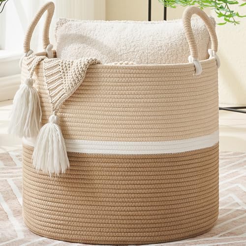 KAKAMAY Large Blanket Basket (18"x18"x16"),Woven Baby Laundry Hamper for Storage, Cotton Rope Blankets Baskets for Nursery, Laundry, Living Room, Pillows, Baby Toy chest with Handles (Light Brown) by KAKAMAY - Used condition - US$19.83