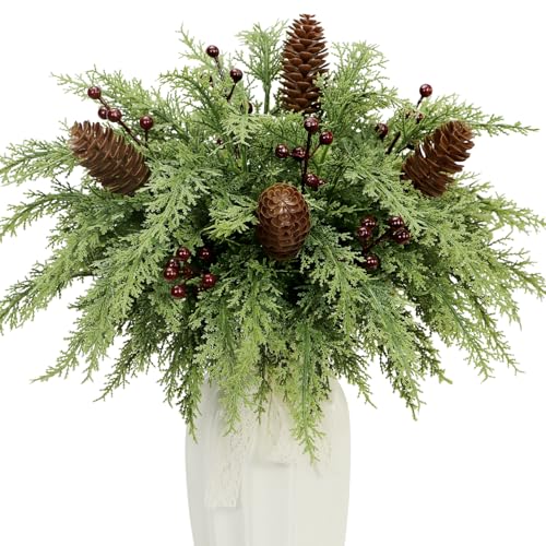 Donfulily Pack of 40 Faux Cedar Stems Pinecone Holly Berry Set - Christmas Artificial Pine Branches Fake Foliage Greenery Picks Sprigs for Vase Xmas DIY Crafts Garland Wreath Home Decor (Red)