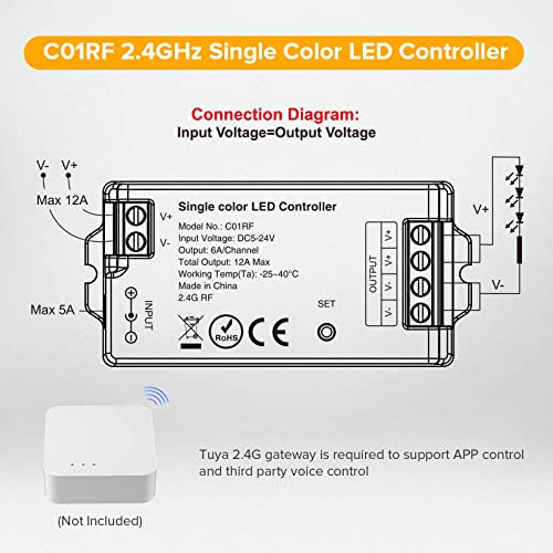 Image of SEZO C01RF 2.4GHz Single Color LED Controller Brightness Adjustable Controlled by RC01RFB RF Remote /Tuya 2.4GHz Gateway for FCOB Single Color LED Strip DC5-24V (Remote /Gateway Not Included)