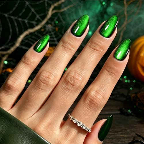 Image of Beetles Halloween Press On Nails, Green Cat Eye Short Almond, 32 Pieces