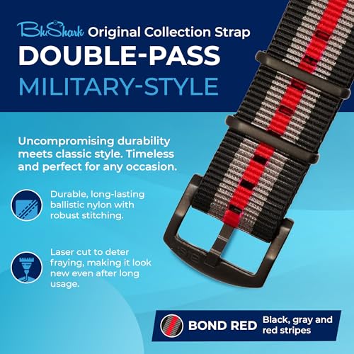 Image of BluShark - Original Collection Military-Style Waterproof Watch Strap, Fits All Timepiece Brands, Durable Nylon Wristwatch Accessories with Stainless Steel Buckle - 18mm, 20mm, 22mm & 24mm Watch Bands