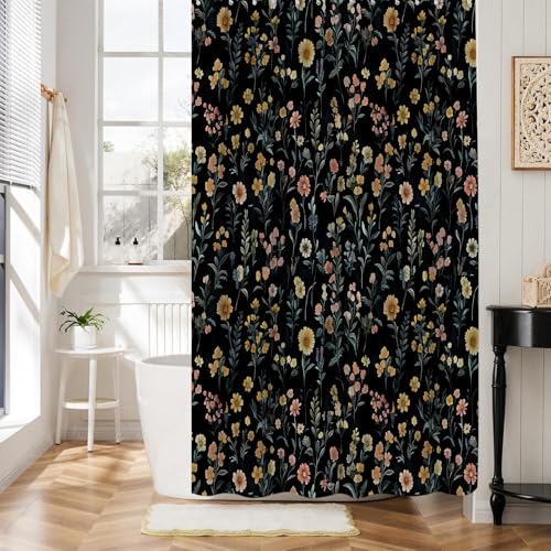 Boho Black Floral Shower Curtain Retro Yellow Flower Watercolor Wildflower Blossom Herbs Rustic Country Bathroom Decor Curtain with Hooks,Black Yellow by ZRUWUA - Image 4