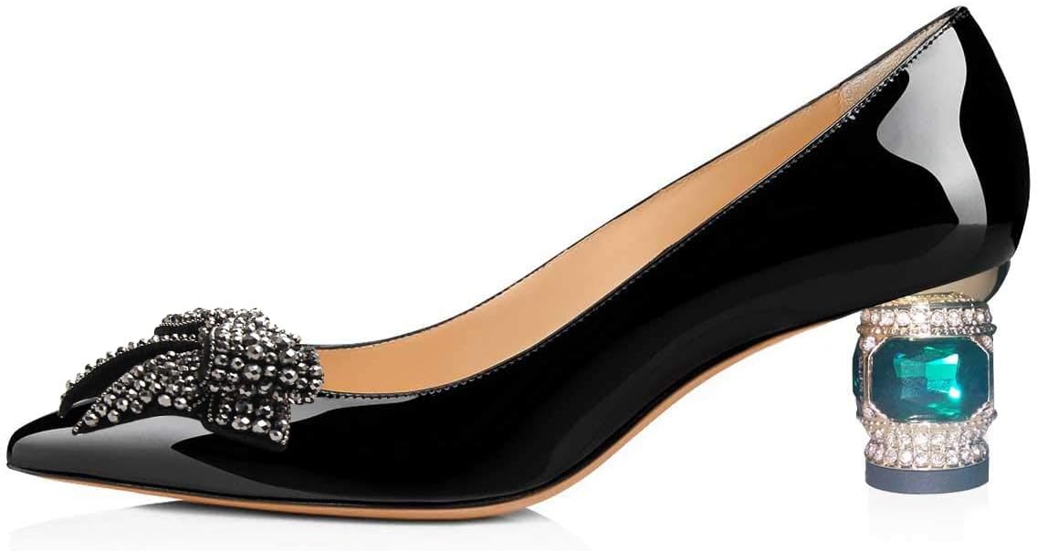 FSJ Women Pointed Toe Crystal Pump Rhinestone Bow Block Low Heel Slip On Comfy Date Shoes Size 4-16 US - Image 2