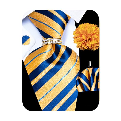 Image of 5PCS Mens Silk Designer Tie, Pocket Square, Cufflinks, Drilled Tie Ring and Lapel Pin Set for Wedding Groom Party