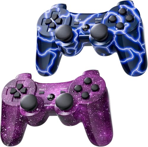 Burcica Wireless Controller for PS-3 Motion Sense Double Vibration Upgraded Gaming Remote for Play 3 with Charging Cord (Blue+Purple)