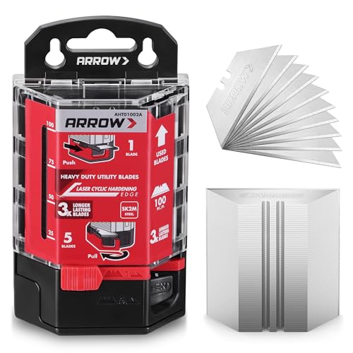 ARROW 100-Pack SK2 Utility Knife Blades, Premium Tempered Steel Box Cutter Blades with Convenient Dispenser, Sharp & Durable Replacement Blades for Cutting, Crafting, DIY Projects