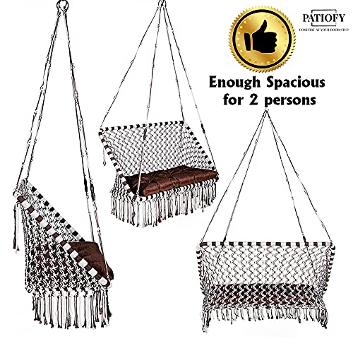 Image of Patiofy Premium Large Double Seater Swing Chair /Hanging Hammock Swing Chair for 2 People /Jhula for Adults & Kids / 2 Seater Swing for Balcony, Free Hanging Kit & Cushion Included-White-Brown