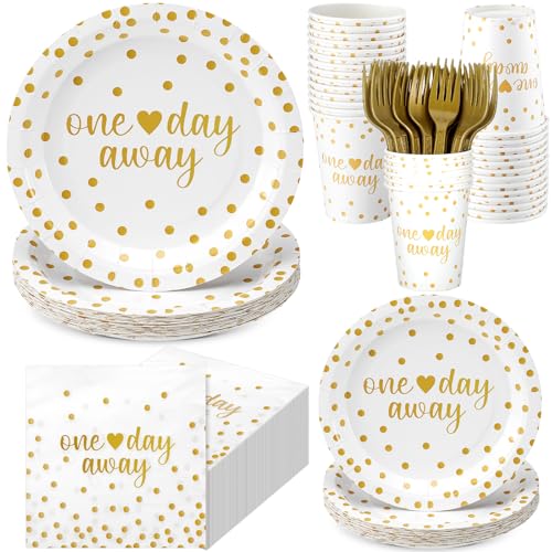 MotiMind 120 Pcs One Day Away Rehearsal Dinner Tableware Set Wedding Rehearsal Dinner Party Supplies Beverage Table Decorations White and Gold Dot Paper Plates, Cups, Napkins, Forks for 24 Guests