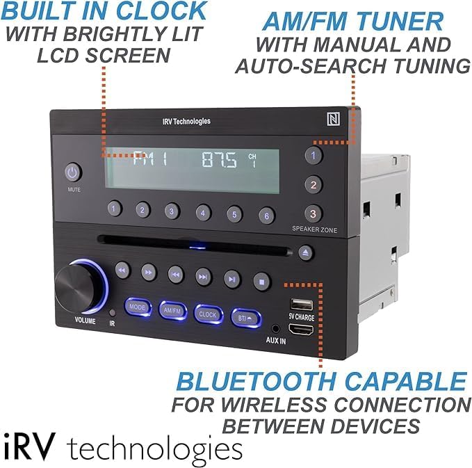 iRV32V2 RV Stereo highlighting built-in clock, AM/FM tuner, and Bluetooth capability.