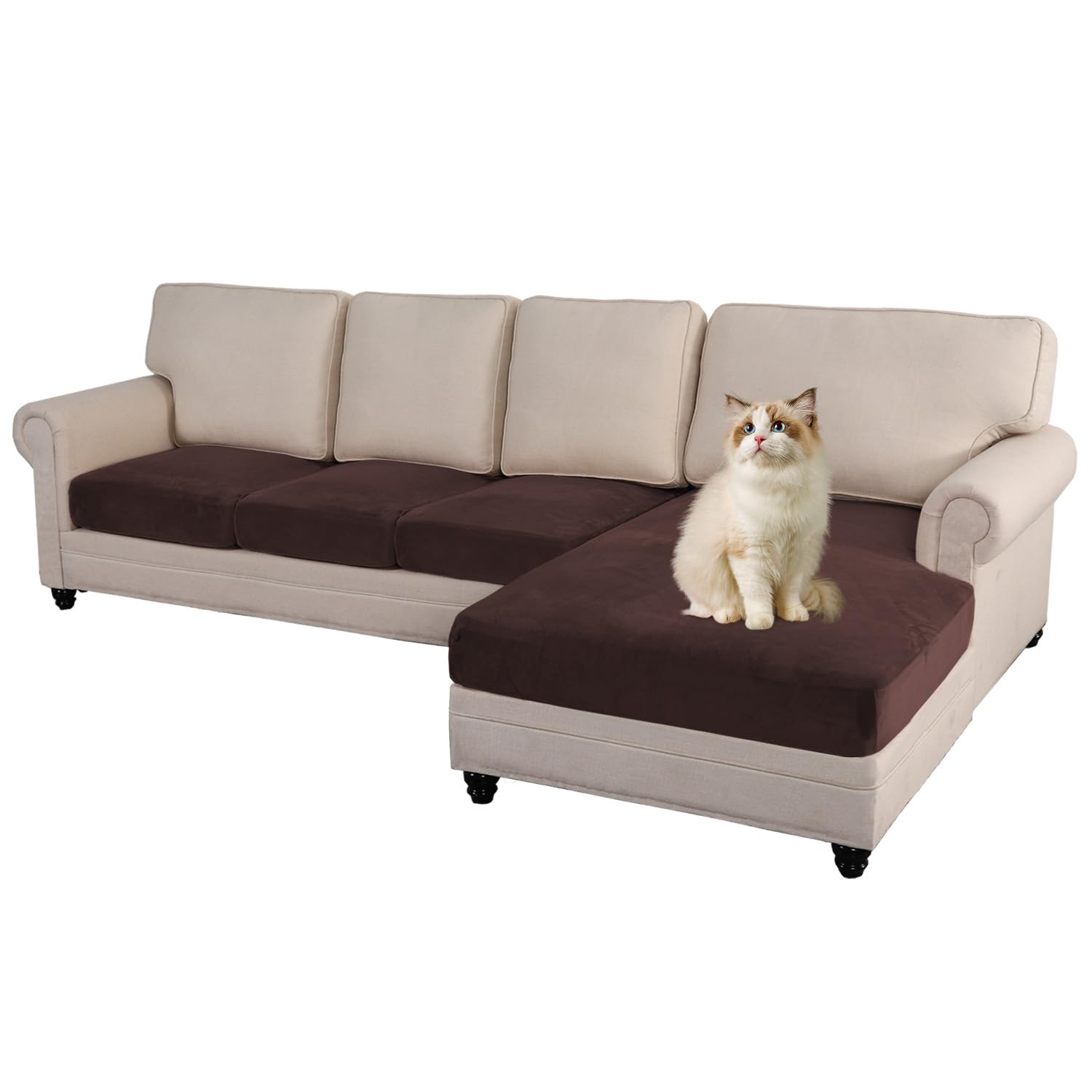 MINGPINHUIUS 4 Pieces Sectional Sofa Cover Brown Separate Couch Seat Covers Magic Stretch Anti-Slip Furniture Protector for Sectional Sofa Left/Right L Shape Chaise