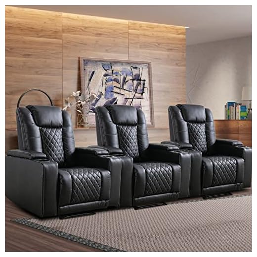 ANJ Power Recliner Chair Set of 3, PU Leather Electric Home Theater Seating with USB Ports and Cup Holders, Black Overstuffed Reclining Furniture with Hidden Arm Storage