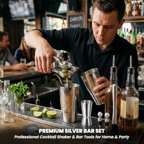 Image of O' Holic by Perch Portable Bar Bag Set | Premium Leatherette Travel Bartender Kit | 13-Piece Cocktail Shaker Set with Jigger, Strainer, Muddler & Bar Tools | Premium Gift for Men| Silver