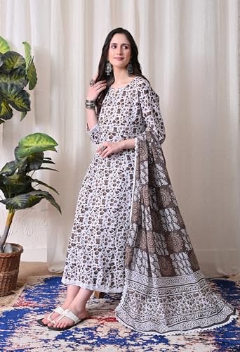 Image of MEERA FAB Women's Cotton Printed Anarkali Kurta with Palazzo & Dupatta Set