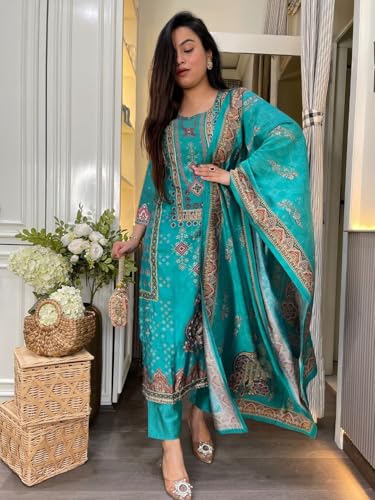 Image of ANNI Designer Women's Pure Cotton Kurta Set | 3 Piece Ethnic Suit Set with Pant & Dupatta | Festive Kurti Set for Women