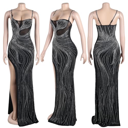 Image of Jigfar Women Sexy Elegant Rhinestone Mesh See Through Party Club Night Split Bodycon Formal Maxi Dress