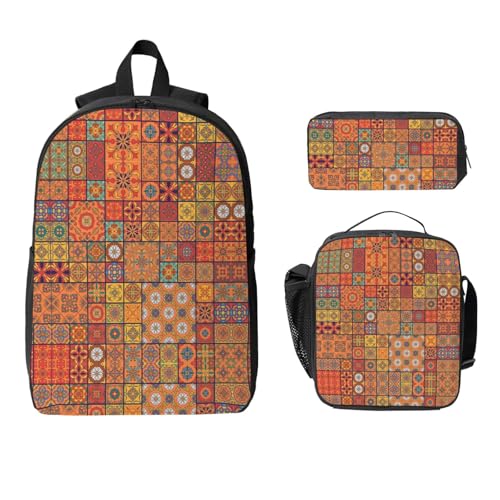 Group of Moroccan Geometric print Shoulder Bookbags Lunch Bag and Pen Case 17 inches Backpack with Lunch Box, Cute Bookbag Set2