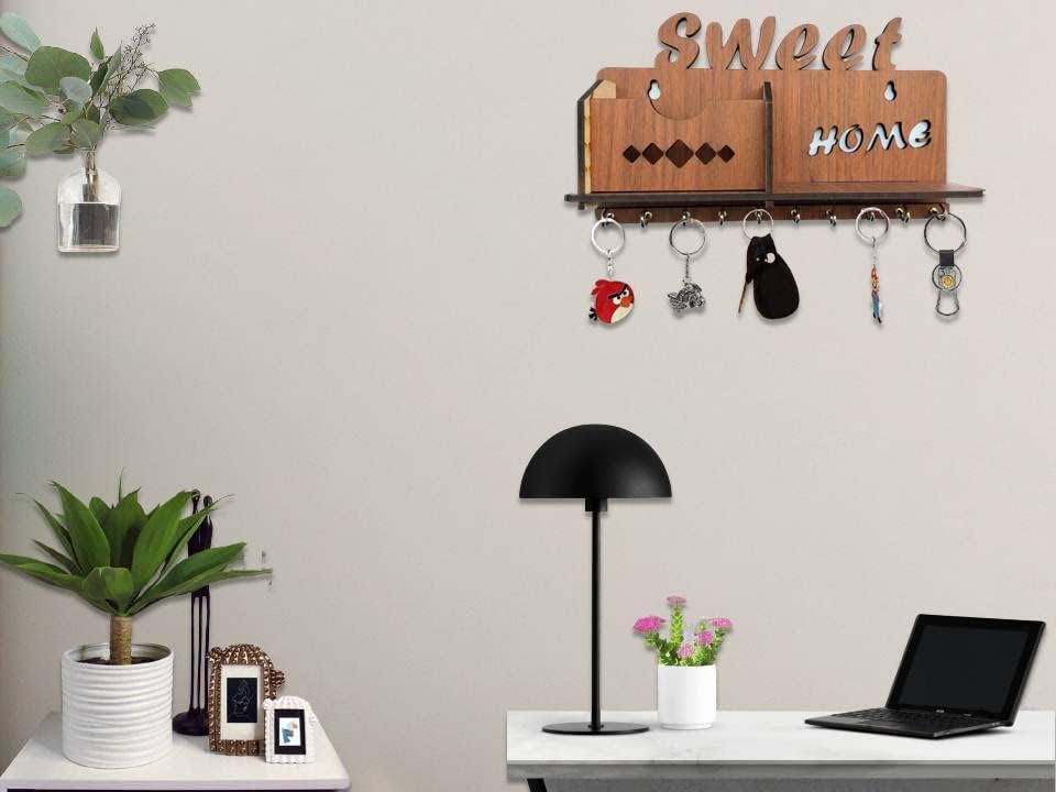 Image of Sweet Home MDF Wood Wall Mounted Design Family Key Holders for Wall Decor Wooden Stylish Hook Stand Key Organizer for Decor Home Office, Living Room, Hall, Kitchen Mobile Charge Stand
